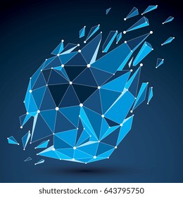 3d vector low poly object with blue connected lines and dots, geometric wireframe shape with refractions. Asymmetric perspective shattered form. Luminescent effect, communication technology.