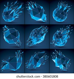 3d vector low poly objects with blue connected lines and dots, set of geometric wireframe shapes with refractions. Deformed perspective shattered forms. Luminescent effect, communication technology.