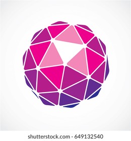 3d vector low poly purple spherical object, perspective orb created with triangular facets. Abstract polygonal element for use as design structure on communication technology theme
