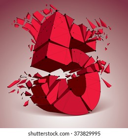 3d vector low poly red number 5 with black connected lines and dots, geometric wireframe font with refractions. Perspective shattered digit with thread