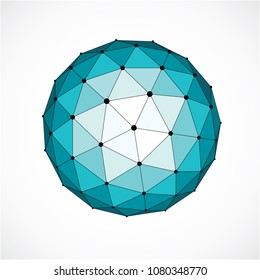 3d vector low poly spherical object with black connected lines and dots, geometric green wireframe shape. Perspective orb created with triangular facets.