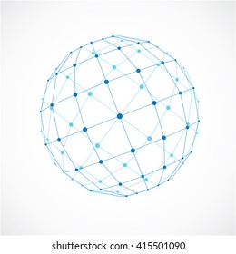 3d vector low poly spherical object with black connected lines and dots, geometric blue wireframe shape. Perspective facet orb created with squares.