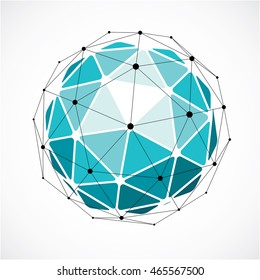 3d vector low poly spherical object with black connected lines and dots, geometric green wireframe shape. Perspective orb created with triangular facets.