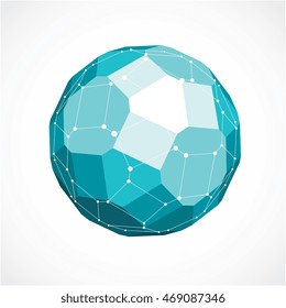 3d vector low poly spherical object with black connected lines and dots, geometric green wireframe shape. Perspective facet ball created with squares and pentagons.