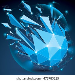 3d vector low poly spherical object with sparkles, white connected lines and dots, geometric wireframe blue shape with refractions. Radiance perspective colorful shattered form.