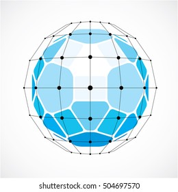 3d vector low poly spherical object with black connected lines and dots, geometric blue wireframe shape. Perspective facet ball created with squares and pentagons.