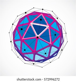 3d vector low poly spherical object with black connected lines and dots, geometric purple wireframe shape. Perspective orb created with triangular facets.