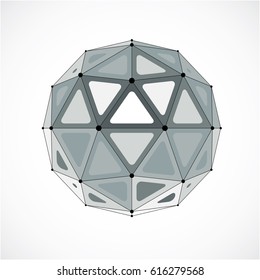 3d vector low poly spherical object with black connected lines and dots, geometric monochrome wireframe shape. Perspective orb created with triangular facets.