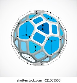 3d vector low poly spherical object with black connected lines and dots, geometric blue wireframe shape. Perspective facet ball created with squares and pentagons.