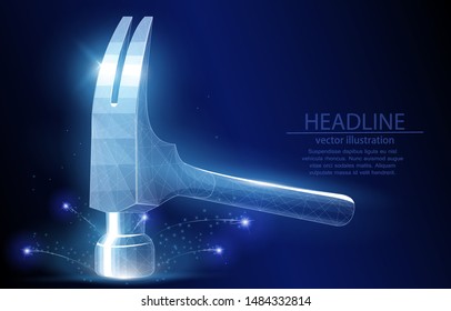 3d vector lowpoly illustration of a hammer on a deep blue background, a symbol of the construction industry, brute force.