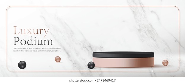 3D Vector Luxury display cylinder stand podium banner. Gold and black podium on white marble background. Elegant modern minimal style for premium product showcase, beauty cosmetic, social media, post