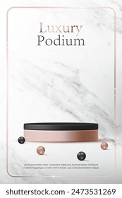 3D Vector Luxury display cylinder stand podium banner. Gold and black podium on white marble background. Elegant modern minimal style for premium product showcase, beauty cosmetic, social media, post