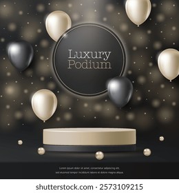 3D Vector Luxury display cylinder stand podium banner. Gold and black podium on bokeh background. Elegant modern minimal style for premium product showcase, beauty cosmetic, social media, post