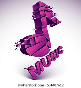 3d vector magenta demolished musical notes, music word. Dimensional groove design element with refractions, explosion effect.