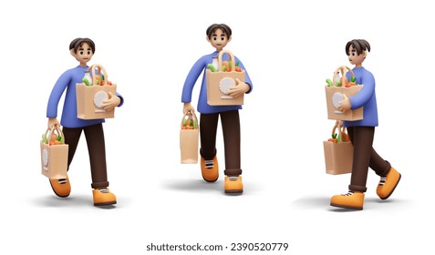 3D vector man carries full shopping bags. Set of illustrations on white background. Shopping at grocery store. Delivery from farm. Modern courier services