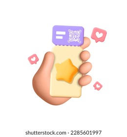 3d vector man hand holds and gives movie cinema ticket coupon with qr code banner design. Cartoon render online sale voucher card tag isolated on white background.