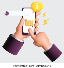 3d vector man office hands hold phone and search information in database. Searching text files, online document, info in internet, image or video file. File system management concept. Magnifying sign