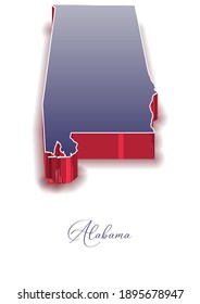 3D Vector map of  Alabama in colors of the USA flag with handwritten name of the state. State name can be removed or edited. Map isolated on white. Vector for digital editing and prints of all sizes.