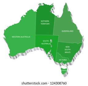 3D vector map of Australia with state. Each State is it's own shape and can be colored to your own preference.