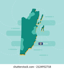 3d vector map of Belize with name and flag of country on light green background and dash.
