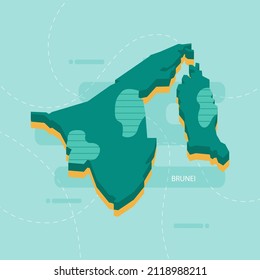 3d vector map of Brunei with name and flag of country on light green background and dash.