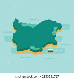 3d vector map of Bulgaria with name and flag of country on light green background and dash.