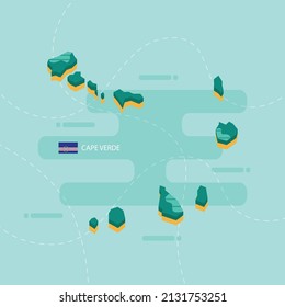 3d vector map of Cape Verde with name and flag of country on light green background and dash.