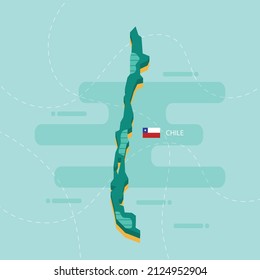 3d vector map of Chile with name and flag of country on light green background and dash.