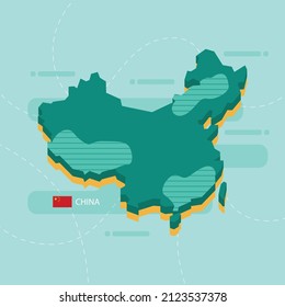 Mapa vectorial 3d de China con nombre y bandera del país sobre fondo verde claro y guión.