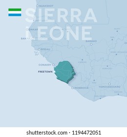 3d vector map of cities and roads in Africa. Sierra Leone and its neighbors.