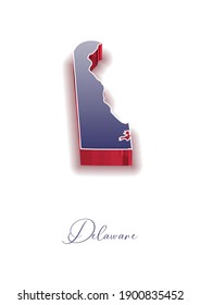 3D Vector map of  Delaware in colors of the USA flag with handwritten name of the state. State name can be removed or edited. Map isolated on white. Vector for digital editing and prints of all sizes.