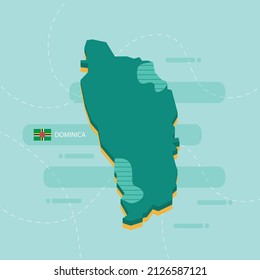 3D-Vektorkarte von Dominica mit Namen und Flagge des Landes auf hellgrünem Hintergrund und Bindestrich.