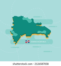 Mapa vectorial 3d de República Dominicana con nombre y bandera del país sobre fondo verde claro y guión.