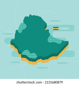 3d vector map of Ethiopia with name and flag of country on light green background and dash.