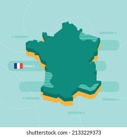 3d vector map of France with name and flag of country on light green background and dash.