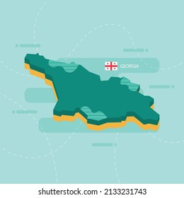 3d vector map of Georgia with name and flag of country on light green background and dash.