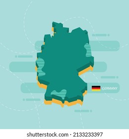 3d vector map of Germany with name and flag of country on light green background and dash.