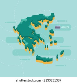 3d vector map of Greece with name and flag of country on light green background and dash.