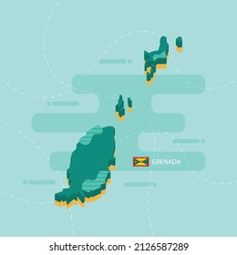 3d vector map of Grenada with name and flag of country on light green background and dash.