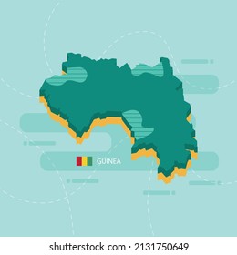 3d vector map of Guinea with name and flag of country on light green background and dash.