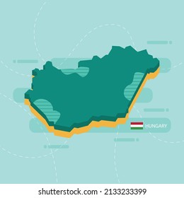 3d vector map of Hungary with name and flag of country on light green background and dash.