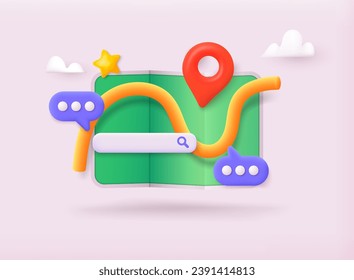 3D vector map icon with pin pointer and search bar. 3D Vector Illustrations.