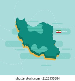 3d vector map of Iran with name and flag of country on light green background and dash.