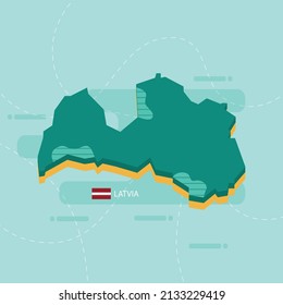 3d vector map of Latvia with name and flag of country on light green background and dash.
