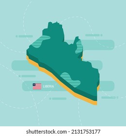 3d vector map of Liberia with name and flag of country on light green background and dash.