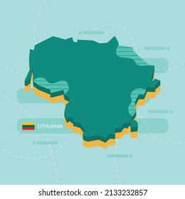 3d vector map of Lithuania with name and flag of country on light green background and dash.