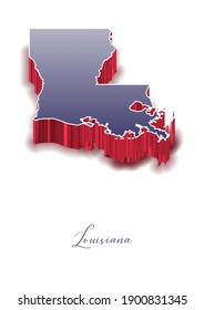3D Vector map of  Louisiana in colors of the USA flag with handwritten name of the state. State name can be removed or edited. Map isolated on white. Vector for digital editing and prints of all sizes