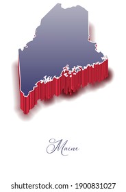 3D Vector map of  Maine in colors of the USA flag with handwritten name of the state. State name can be removed or edited. Map isolated on white. Vector for digital editing and prints of all sizes.