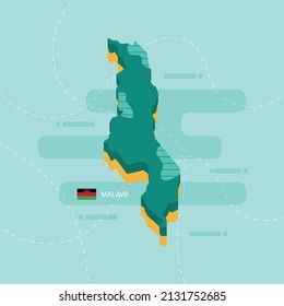 3d vector map of Malawi with name and flag of country on light green background and dash.