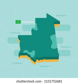 3d vector map of Mauritania with name and flag of country on light green background and dash.